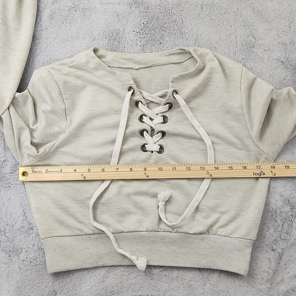 Women's Cream Lace-Up Cropped Sweatshirt Pullover Top Size M - Picture 5 of 10